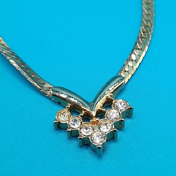 Vintage Rhinestone Choker Necklace, Clear Rhinestones, Herringbone Chain, 16 In - Picture 8 of 10
